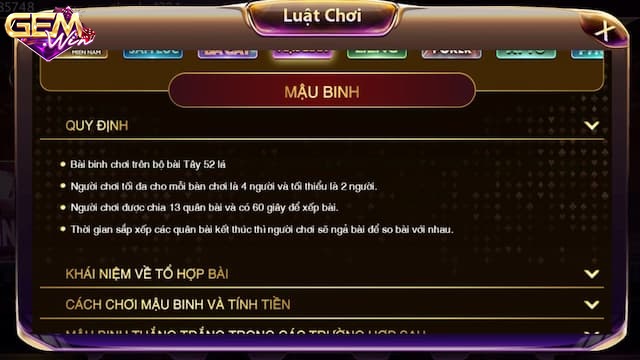 Luật chia bài Mậu Binh trên cổng game trực tuyến Gem Win